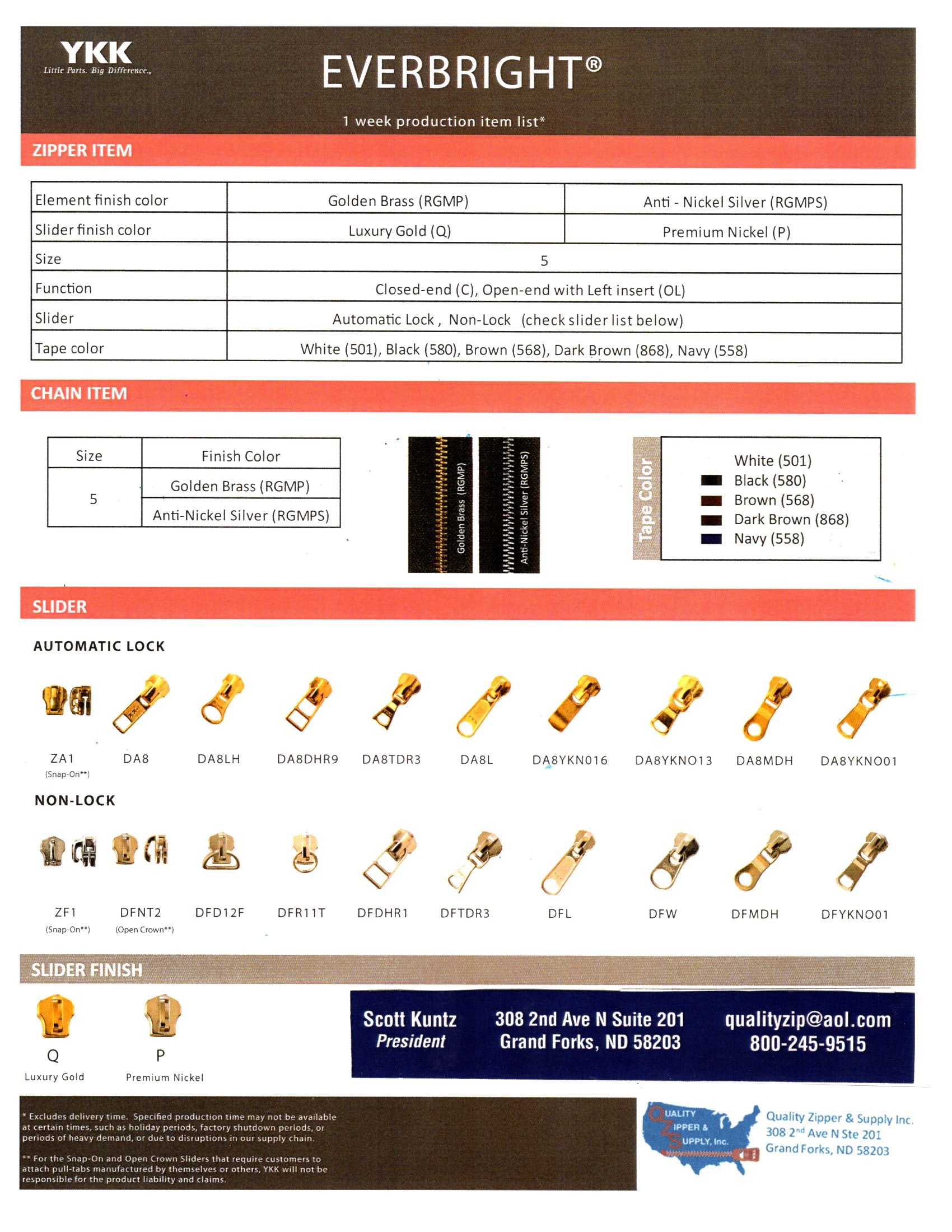 YKK® #5 Everbright Nickel Metal Zipper Chain – 9/16